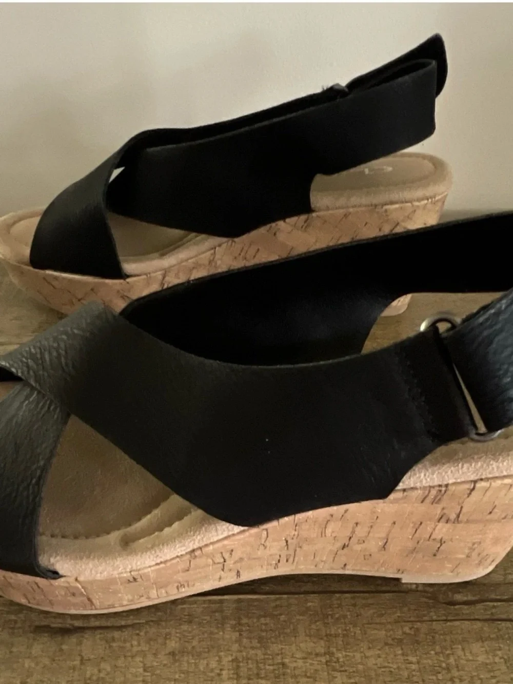 CL by Laundry Black Cross-Strap Wedge Sandals